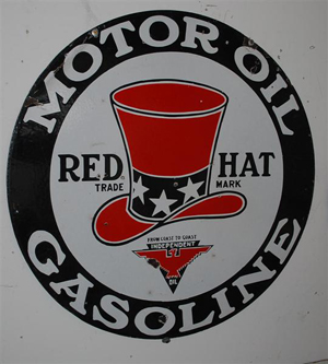 Red Hat Motor Oil double-sided porcelain sign, 32 inches, rated 8 and 7.5, great color and gloss. Image courtesy Matthews Auctions.
